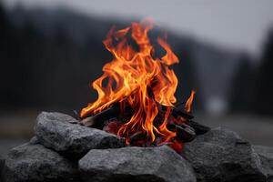 Flames light up the dark by the stone firepit photo