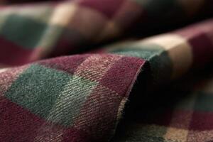 Woolen tartan fabric with rich detailed patterns close up photo