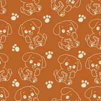 Kawaii Dog seamless pattern with paw brown outline illustration vector