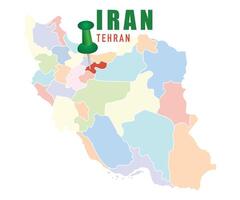 Map of Iran with colorful provinces and location pin on capital. vector