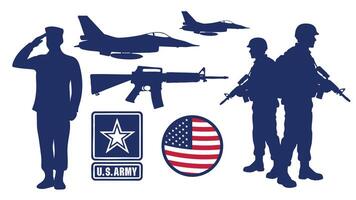US Army Military Set with Flag Badge, Soldier, Gun, and Jet Illustration vector
