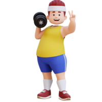 3D Plus Size Overweight big man with Dumbbells giving peace sign png