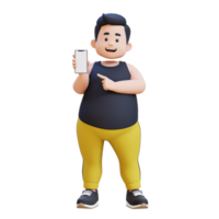 3D plus size overweight obesse man pointing to smartphone png