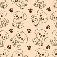 Kawaii Dog seamless pattern with paw brown outline vector