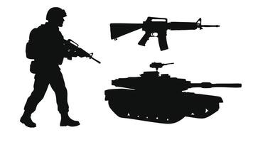 US Army Silhouette Collection with Tank, Soldier, Gun, and Helmet vector