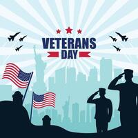 Veterans Day Tribute Greetings with Soldiers, American Flags, and Statue of Liberty vector