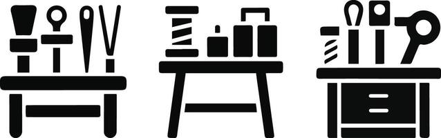 Sewing Tools Icon Set Workshop Table with Crafting Supplies Silhouette. vector