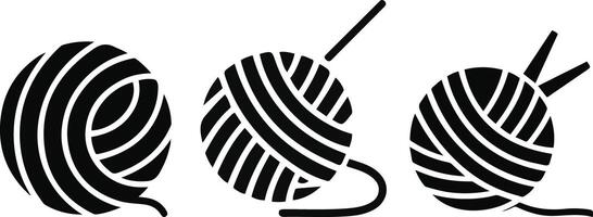 Yarn Ball Icons Set Knitting Wool with Needles Silhouette. vector