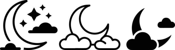 Moon and Clouds Icons Set Night Sky Silhouette with Stars Design. vector