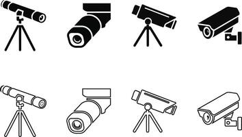 Telescope and Security Camera Icons Set Silhouette and Outline. vector