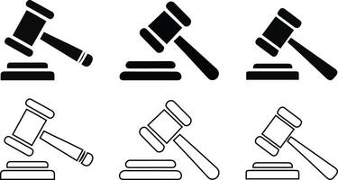 Judge Gavel Icons Collection Courtroom Law Hammer Silhouette and Outline. vector