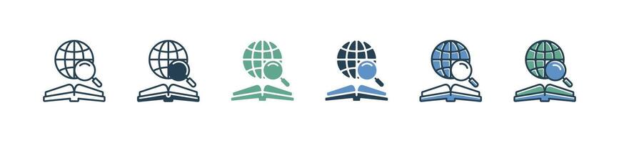 global research book and globe magnifier icon set study literature education geography discovery learning library signs illustration vector