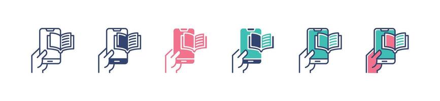 hand hold mobile book icon set electronic book online media learning digital study education signs illustration for web and app vector