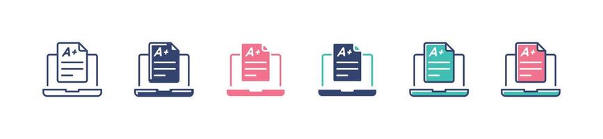 online quiz exam result score icon set education evaluation questionnaire test A plus grade performance with laptop illustration vector