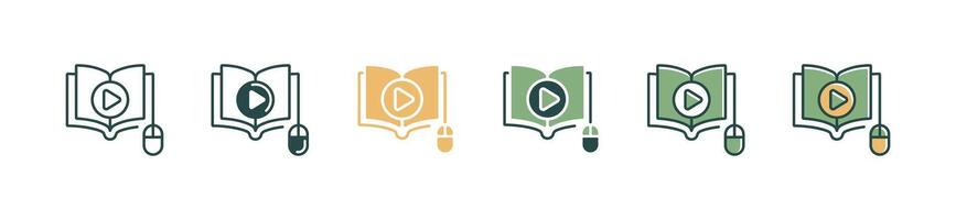 online course pointer click open book icon set education e-learning play e-book reading book document study illustration vector