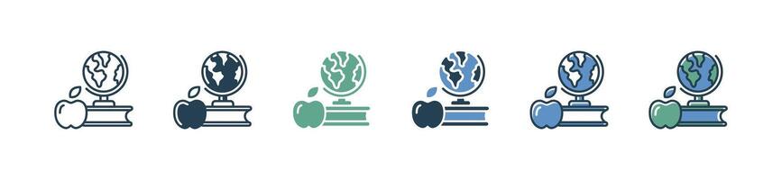 library book and globe icon set education study literature global discovery research culture signs illustration vector