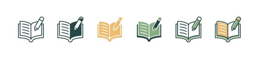 open book and pencil icon set education study writing task school literature learning signs illustration for web and app vector