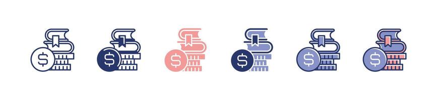 pile of coin and book stack icon set education scholarship intuition fee academy course cost signs illustration vector