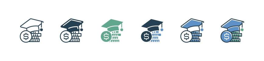 graduation cap with coin stack icon set university cost scholarship tuition study financial illustration vector