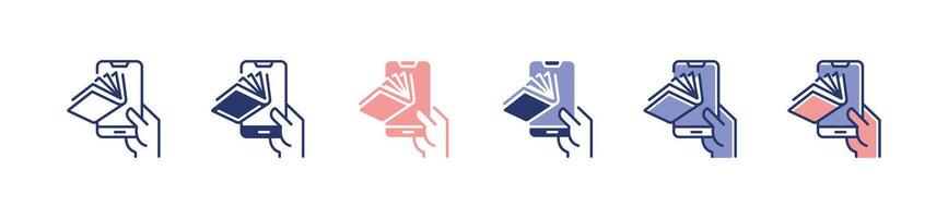 hand holding mobile phone e-book icon set online library digital dictionary study literature document education illustration for web and app vector
