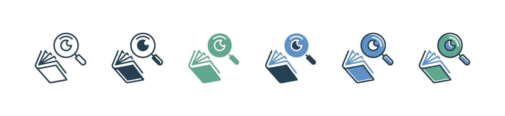 magnifier zoom open book icon set education research study literature writing illustration for web and app
