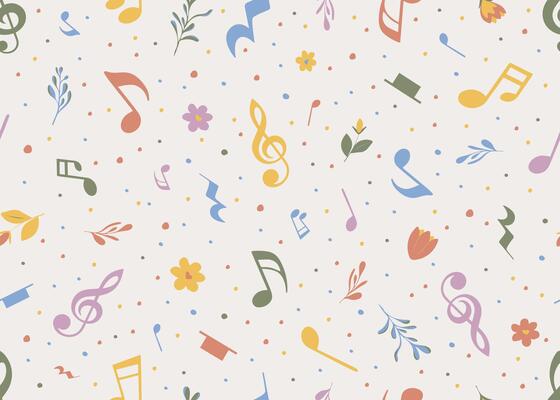 Musical seamless pattern. Endless background with musical notes and flowers for childrens fabrics, scrapbook, or music themed stationery. Pastel kids backdrop