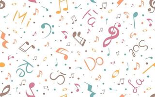 Musical seamless pattern. Light backround with musical notes and solfege syllables for kids textile, music themed blogs, scrapbook, packaging, fabric vector