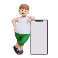 3D plus size overweight man character Leaning on a Smartphone png