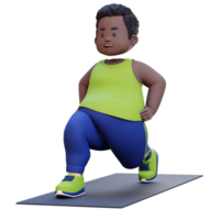 3D Plus Size Overweight obesse african man Dynamic Lunges Exercise on Yoga Mat png