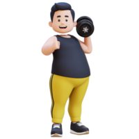 3D Plus Size Overweight obesse man with Dumbbells giving thumbs up png