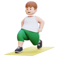 3D Plus Size Overweight Man character Dynamic Lunges Exercise on Yoga Mat png