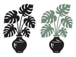Minimalist illustration of a monstera plant in a vase in two color variations. vector