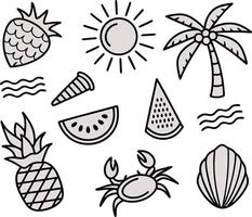 illustration of summer icons featuring fruits beach elements and seaside objects with a white background vector