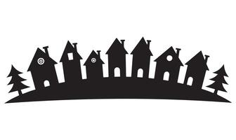 Black and white silhouette of a village with houses and christmas trees on white background vector