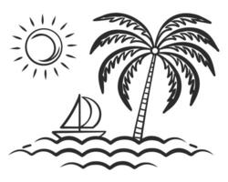 Black and white illustration depicting a beach scene featuring a palm tree and sailboat. vector