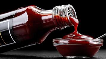 A bottle of barbecue sauce being poured into a glass photo