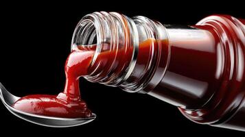A spoonful of ketchup being poured into a bottle photo