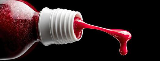 A bottle of red liquid being poured into a glass photo