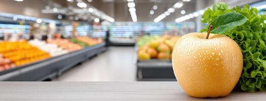 A yellow apple is sitting on a table in front of a grocery store photo
