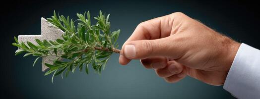 A hand holding a plant with a cross on it photo