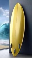 A yellow surfboard is leaning against a wall photo