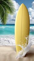 A yellow surfboard on the beach photo