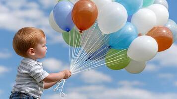 A young boy holding a bunch of balloons photo