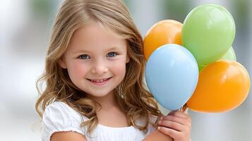 A young girl holding up several colorful balloons photo