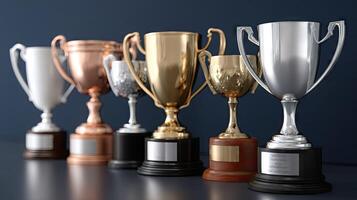 A row of trophies on a table photo