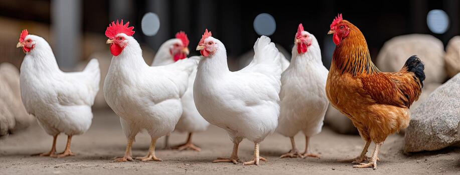 Chickens are standing in a row together photo