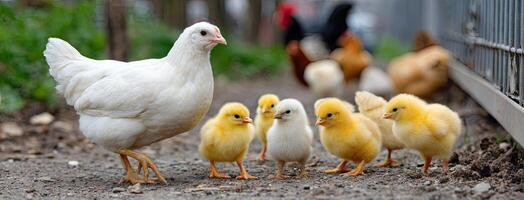 A white chicken and her chicks are walking together photo