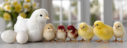 A group of white chicks and eggs photo