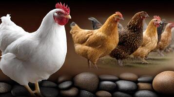 Chickens are standing in front of rocks and pebbles photo
