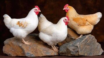 Three chickens standing on top of rocks photo